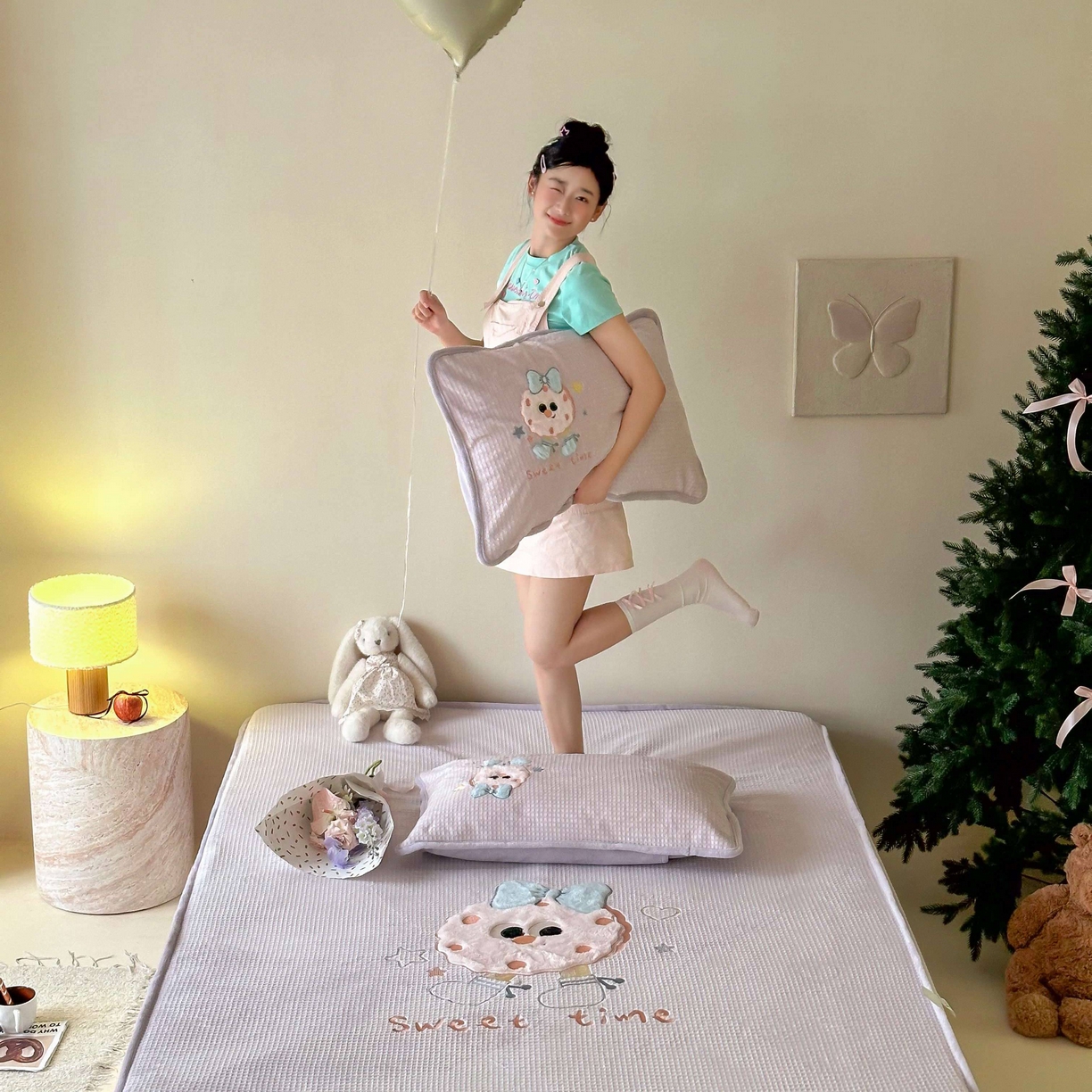 91家纺网 家纺一手货源 找家纺 Sweet dreams甜梦 2025新款华夫格绒兔毛贴布床笠三件套 甜甜圈紫