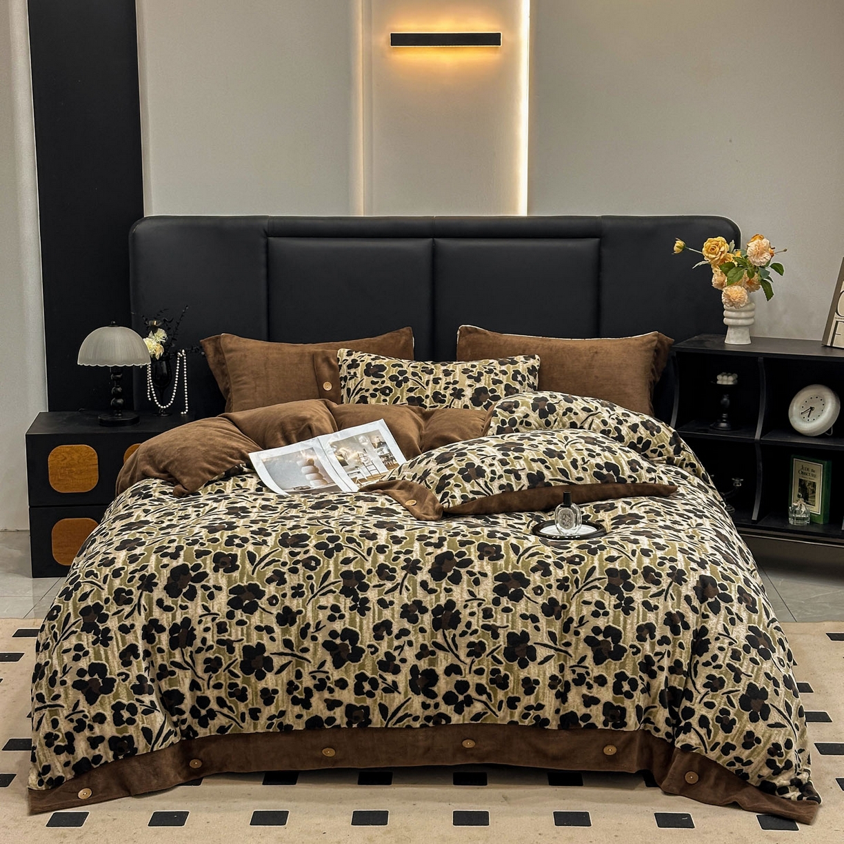 晚爱家纺（原晚安家居） 2025新款宽边纽扣款雕花绒四件套烂花立体雕花牛奶绒 琥珀流光