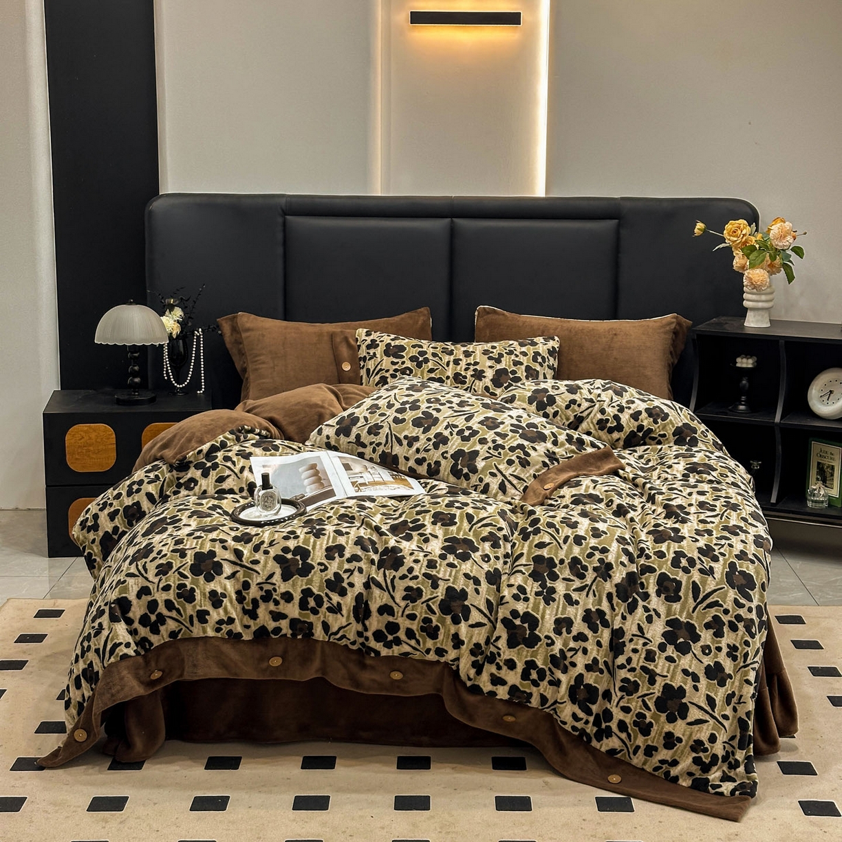 91家纺网 家纺一手货源 找家纺 晚爱家纺（原晚安家居） 2025新款宽边纽扣款雕花绒四件套烂花立体雕花牛奶绒 琥珀流光