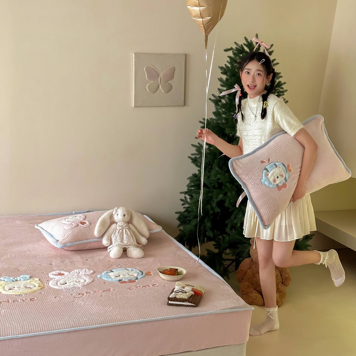 91家纺网 家纺一手货源 找家纺 Sweet dreams甜梦 2025新款华夫格绒兔毛贴布床笠三件套 小动物粉