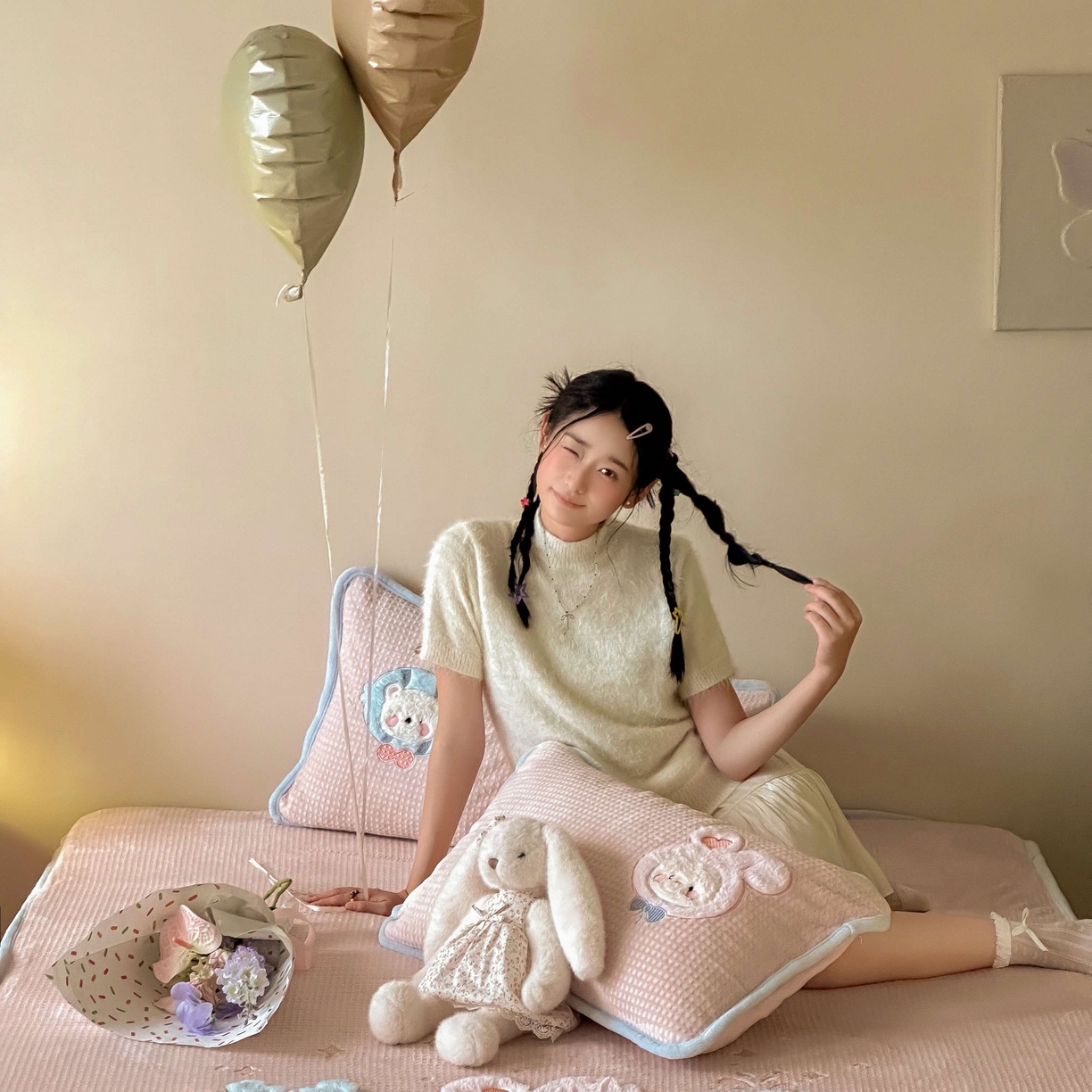 91家纺网 家纺一手货源 找家纺 Sweet dreams甜梦 2025新款华夫格绒兔毛贴布床笠三件套 小动物粉