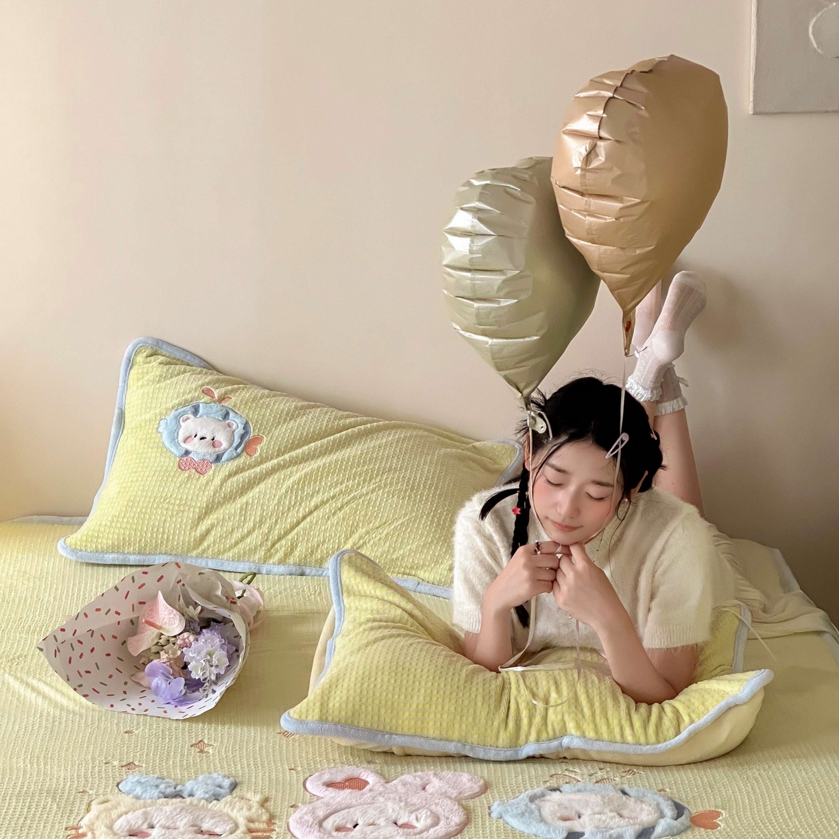 91家纺网 家纺一手货源 找家纺 Sweet dreams甜梦 2025新款华夫格绒兔毛贴布床笠三件套 小动物黄