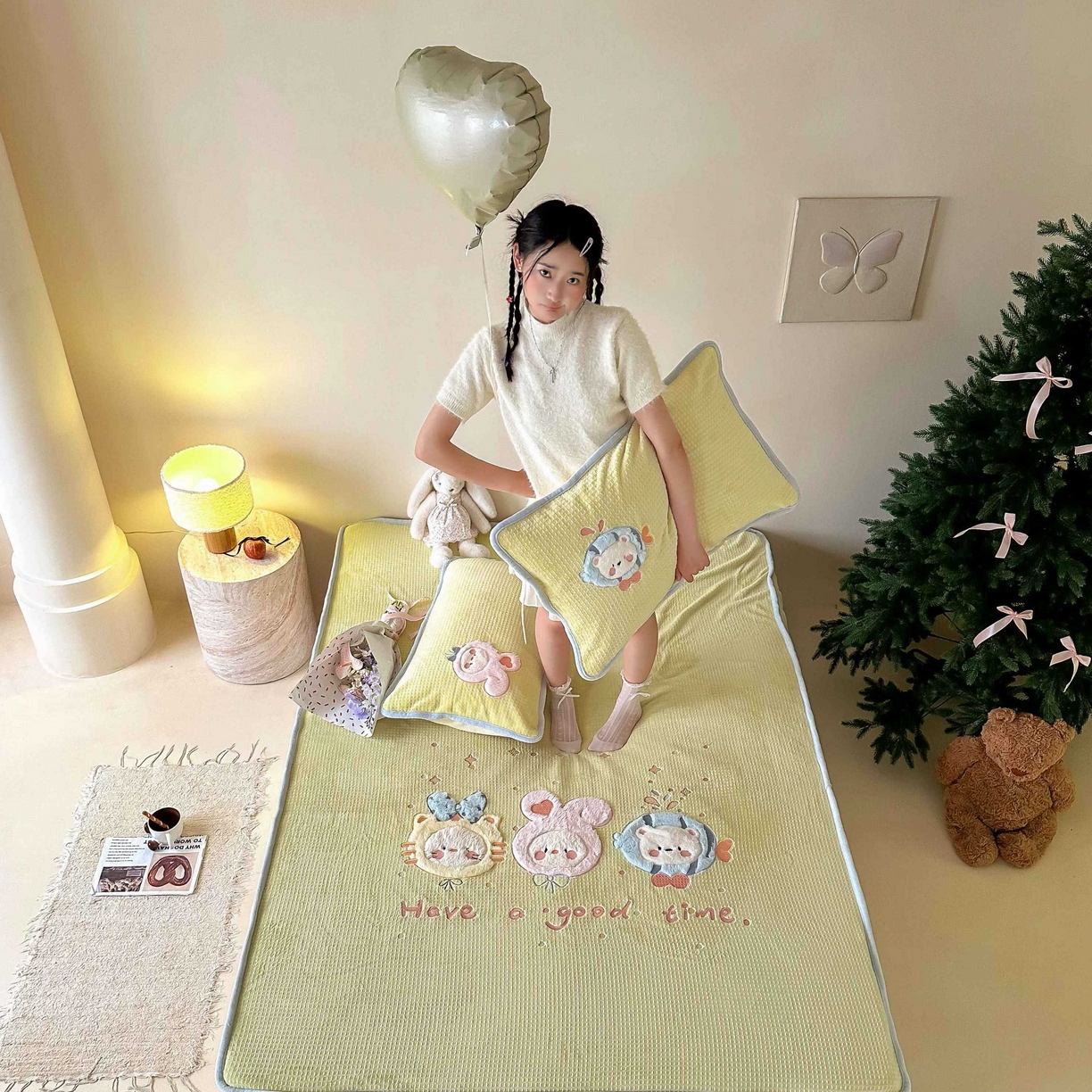 91家纺网 家纺一手货源 找家纺 Sweet dreams甜梦 2025新款华夫格绒兔毛贴布床笠三件套 小动物黄