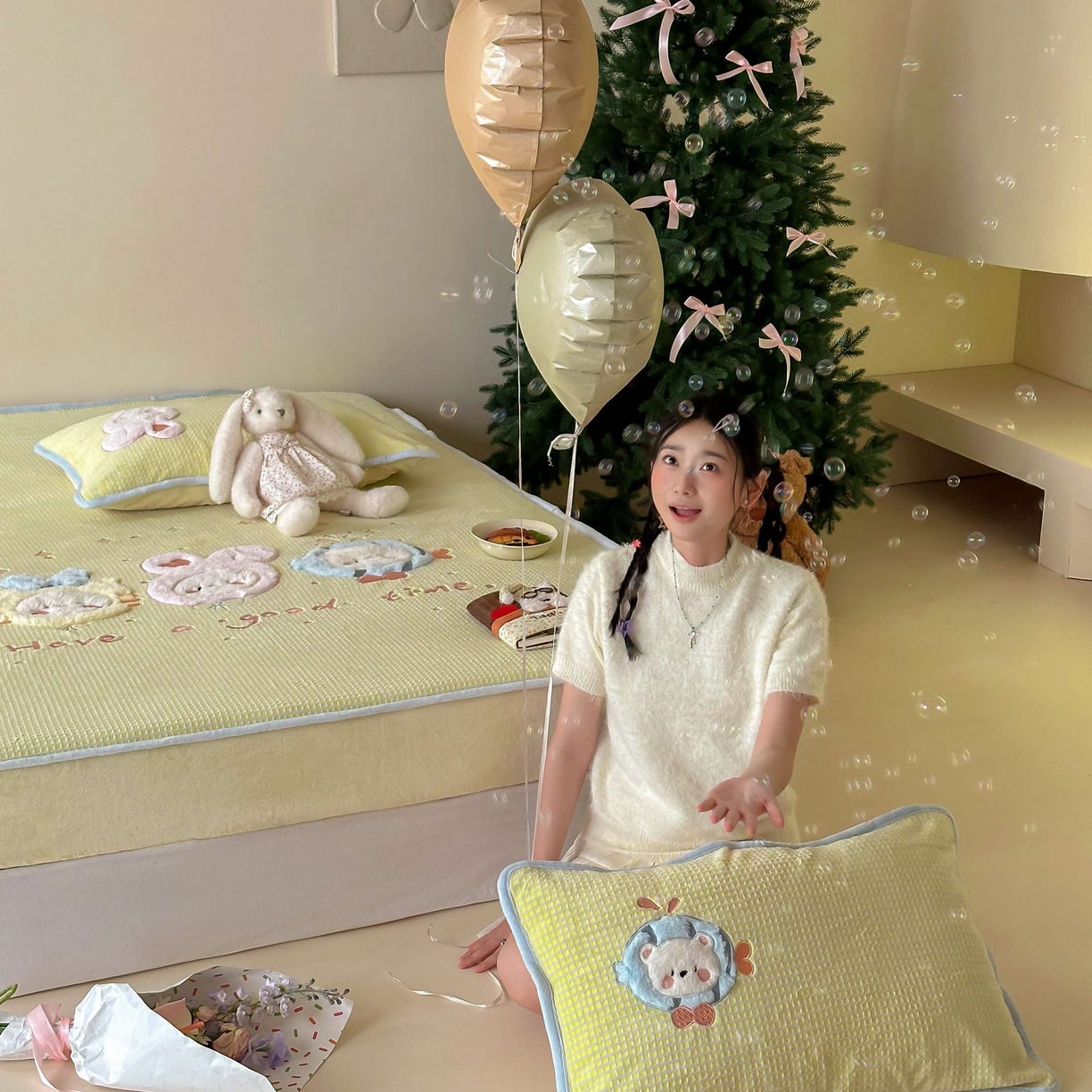 91家纺网 家纺一手货源 找家纺 Sweet dreams甜梦 2025新款华夫格绒兔毛贴布床笠三件套 小动物黄