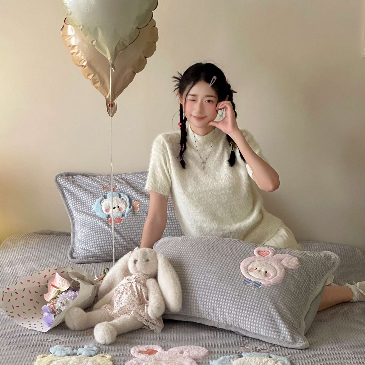 91家纺网 家纺一手货源 找家纺 Sweet dreams甜梦 2025新款华夫格绒兔毛贴布床笠三件套 小动物灰