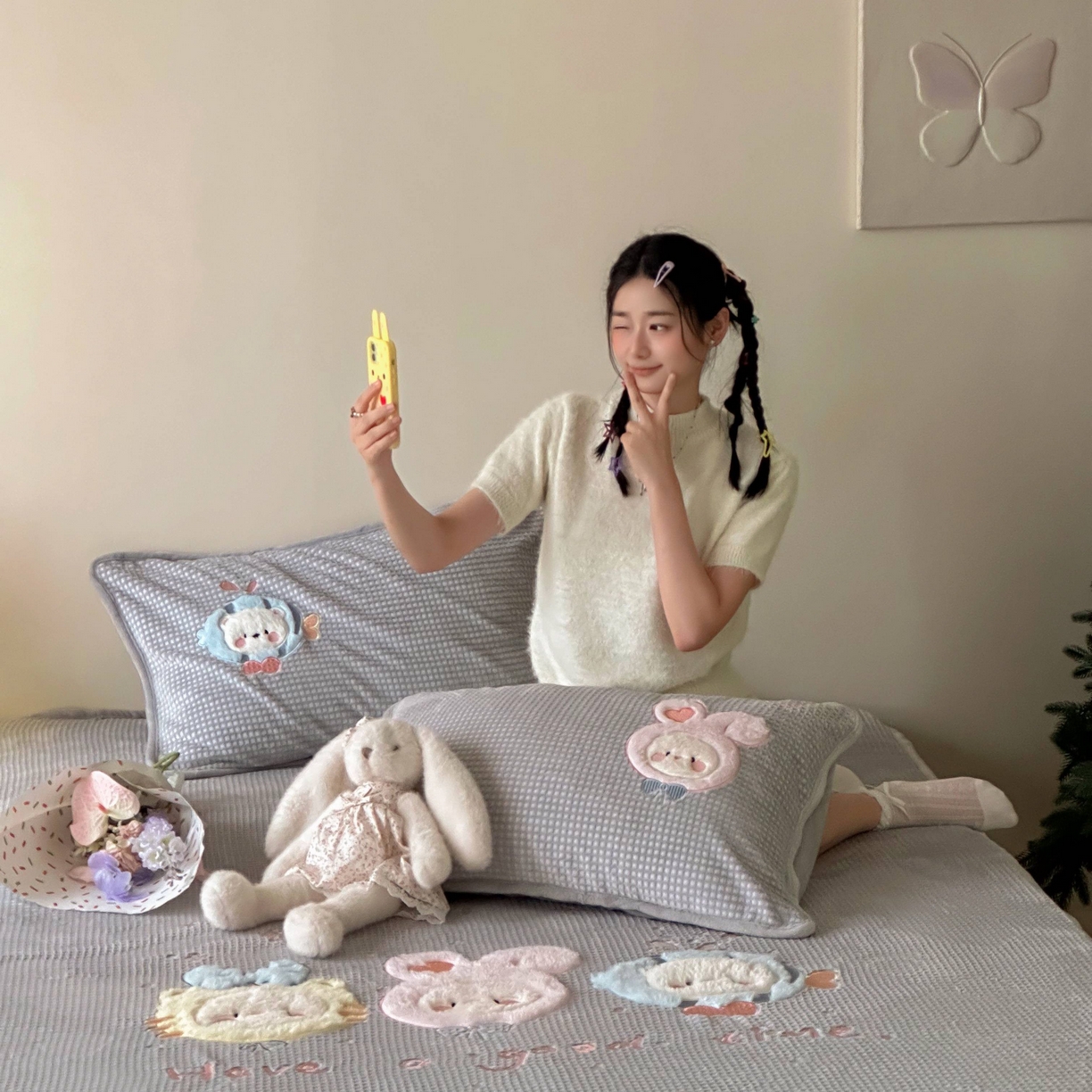 91家纺网 家纺一手货源 找家纺 Sweet dreams甜梦 2025新款华夫格绒兔毛贴布床笠三件套 小动物灰