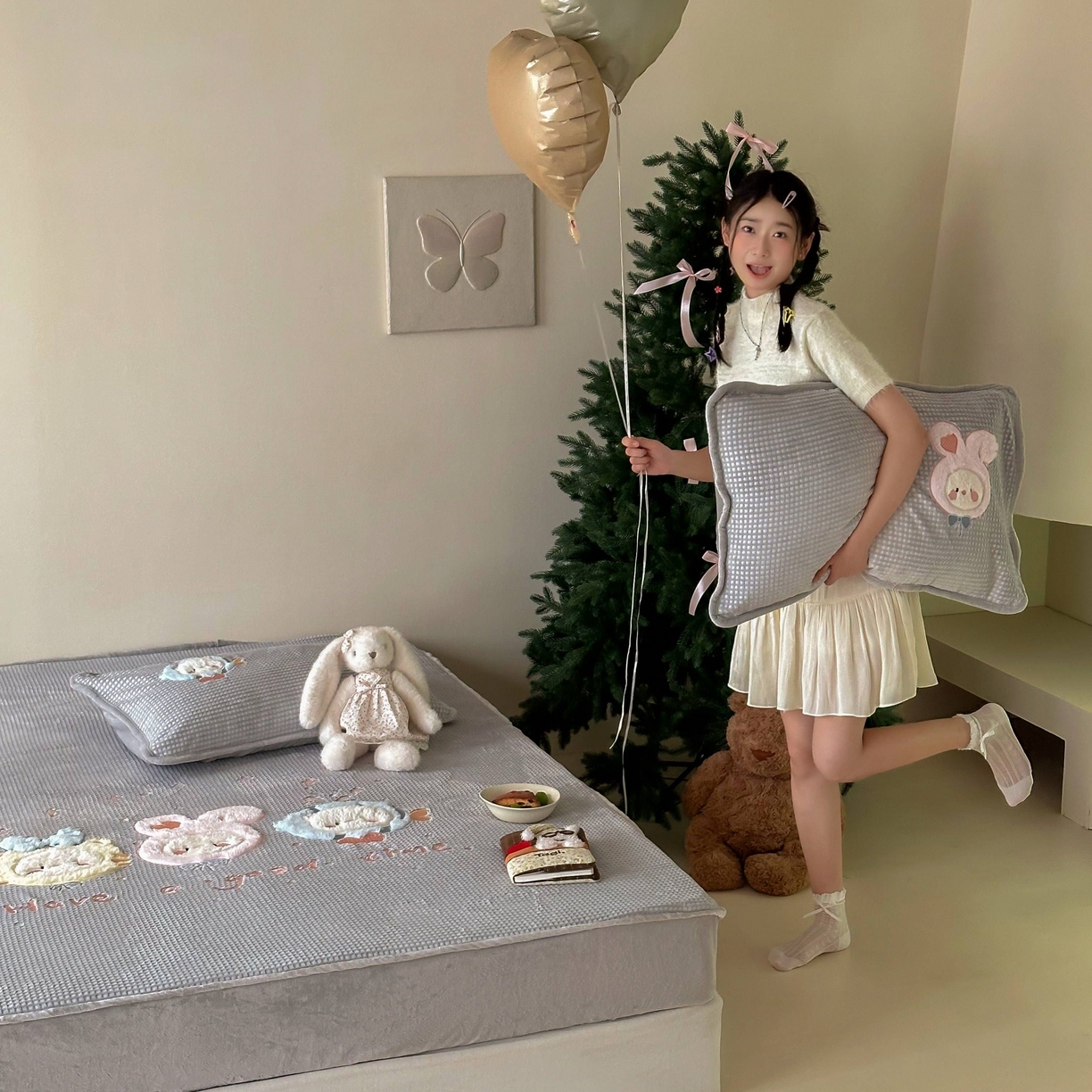 91家纺网 家纺一手货源 找家纺 Sweet dreams甜梦 2025新款华夫格绒兔毛贴布床笠三件套 小动物灰