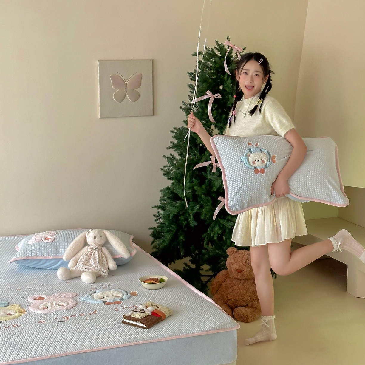 91家纺网 家纺一手货源 找家纺 Sweet dreams甜梦 2025新款华夫格绒兔毛贴布床笠三件套 小动物蓝