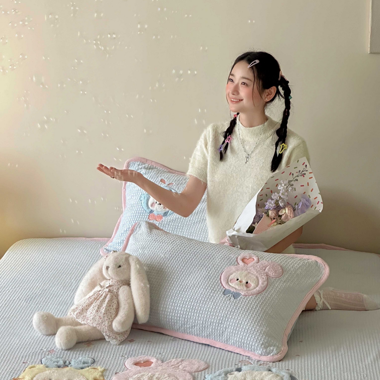 91家纺网 家纺一手货源 找家纺 Sweet dreams甜梦 2025新款华夫格绒兔毛贴布床笠三件套 小动物蓝