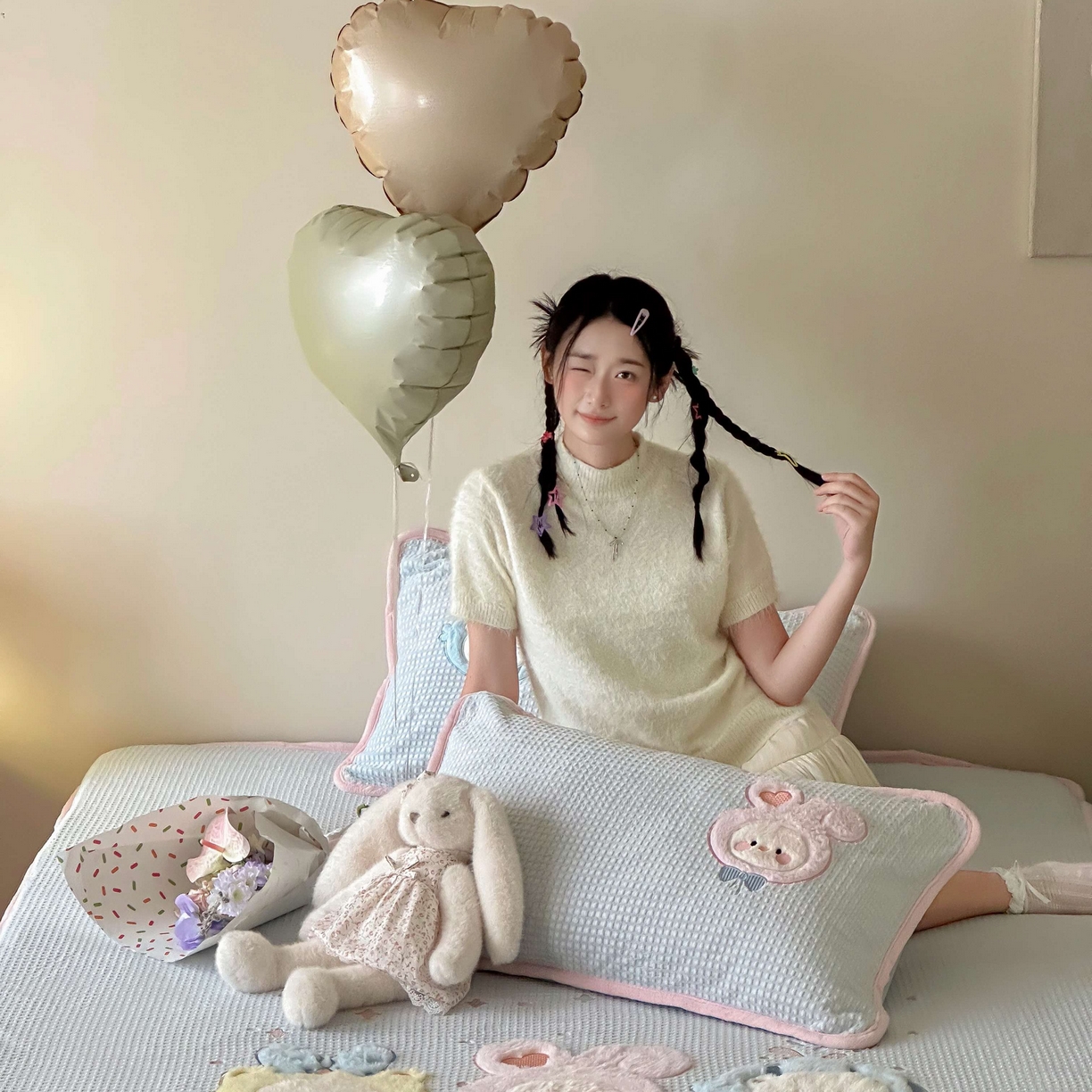 91家纺网 家纺一手货源 找家纺 Sweet dreams甜梦 2025新款华夫格绒兔毛贴布床笠三件套 小动物蓝