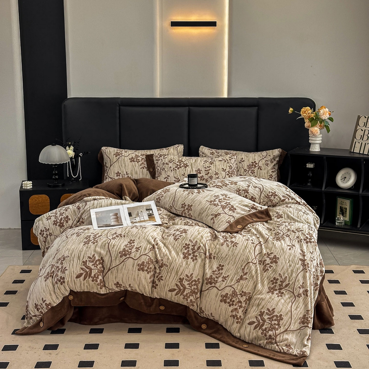 91家纺网 家纺一手货源 找家纺 晚爱家纺（原晚安家居） 2025新款宽边纽扣款雕花绒四件套烂花立体雕花牛奶绒 叶语悠然