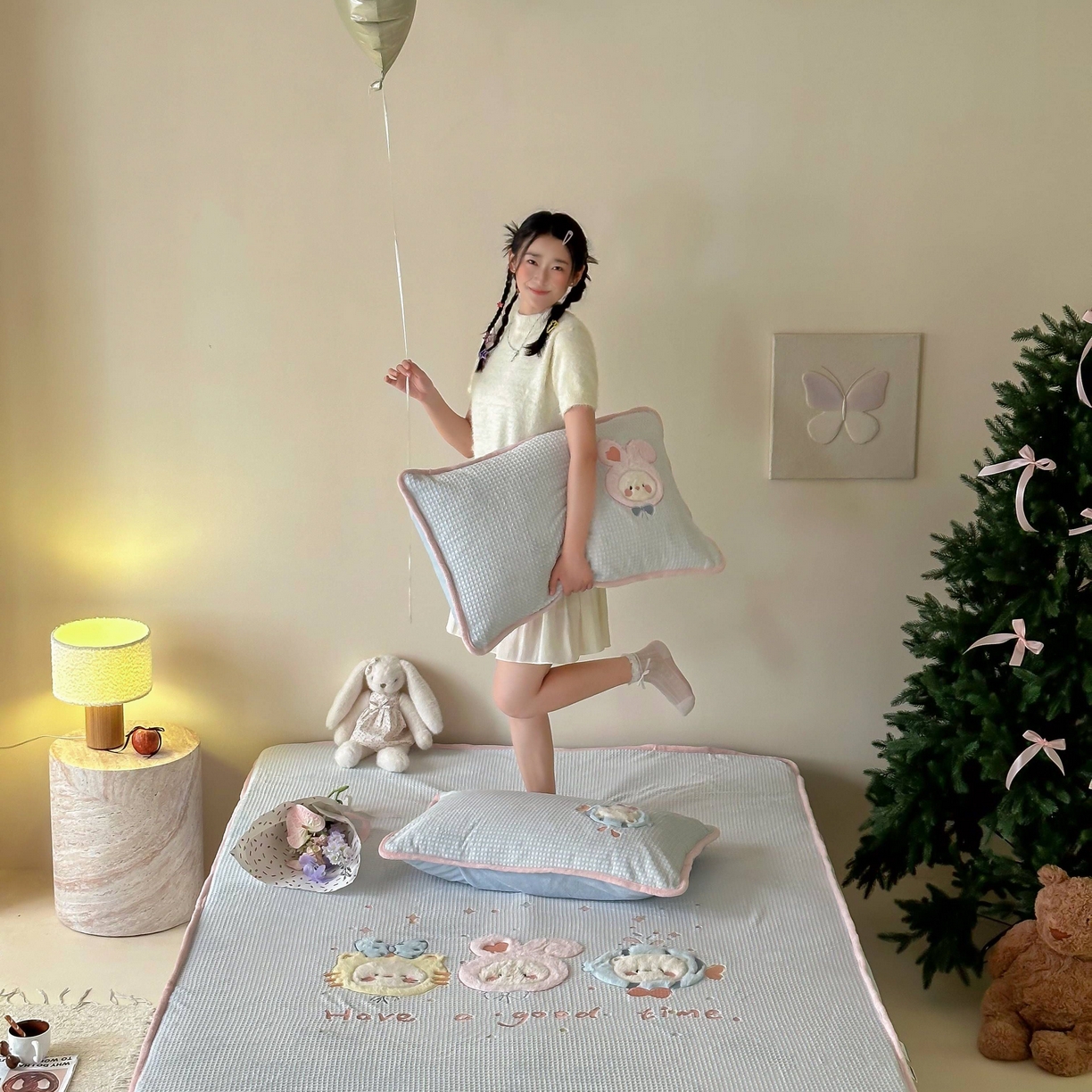 91家纺网 家纺一手货源 找家纺 Sweet dreams甜梦 2025新款华夫格绒兔毛贴布床笠三件套 小动物蓝