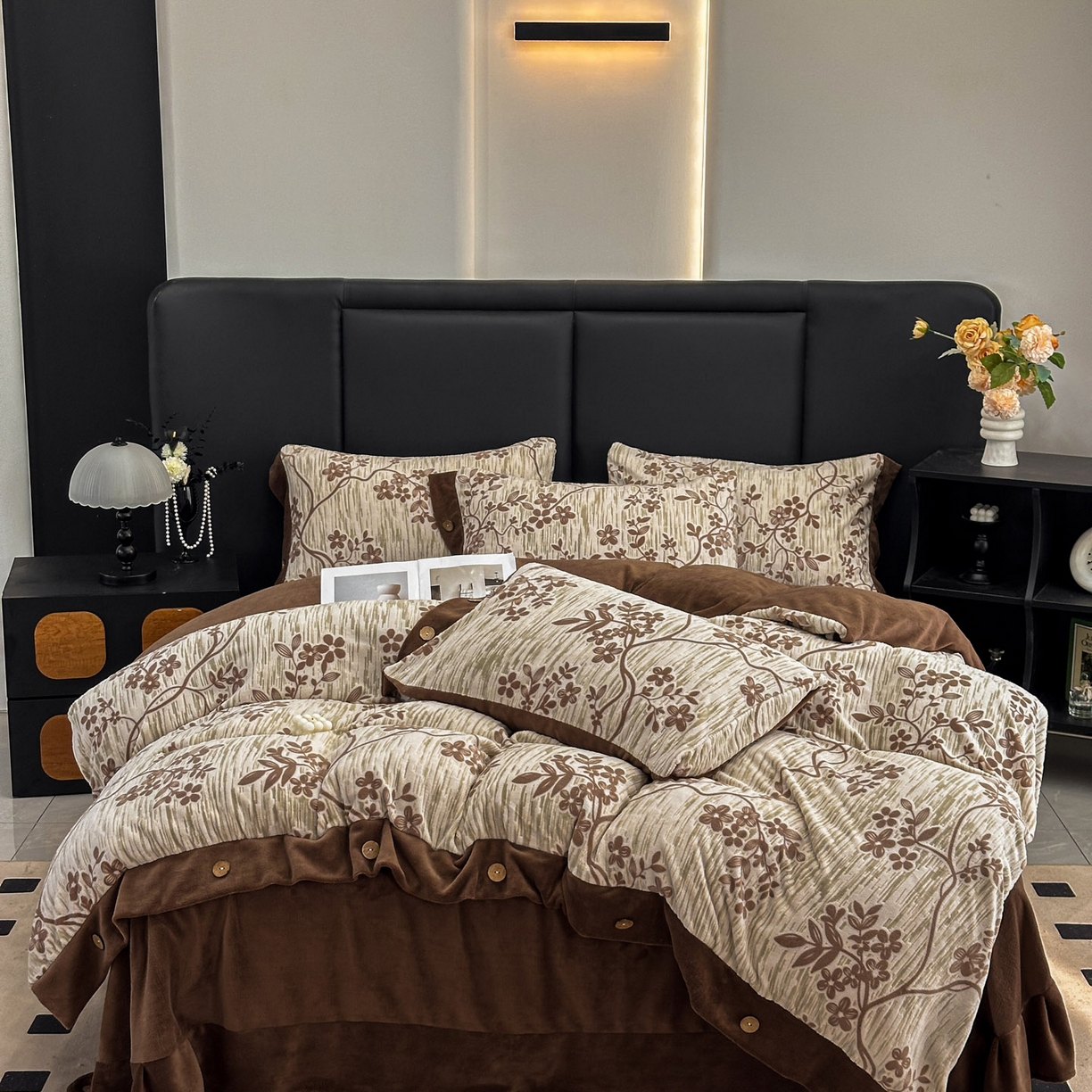 91家纺网 家纺一手货源 找家纺 晚爱家纺（原晚安家居） 2025新款宽边纽扣款雕花绒四件套烂花立体雕花牛奶绒 叶语悠然