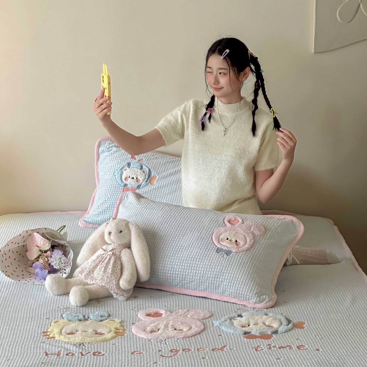 91家纺网 家纺一手货源 找家纺 Sweet dreams甜梦 2025新款华夫格绒兔毛贴布床笠三件套 小动物蓝