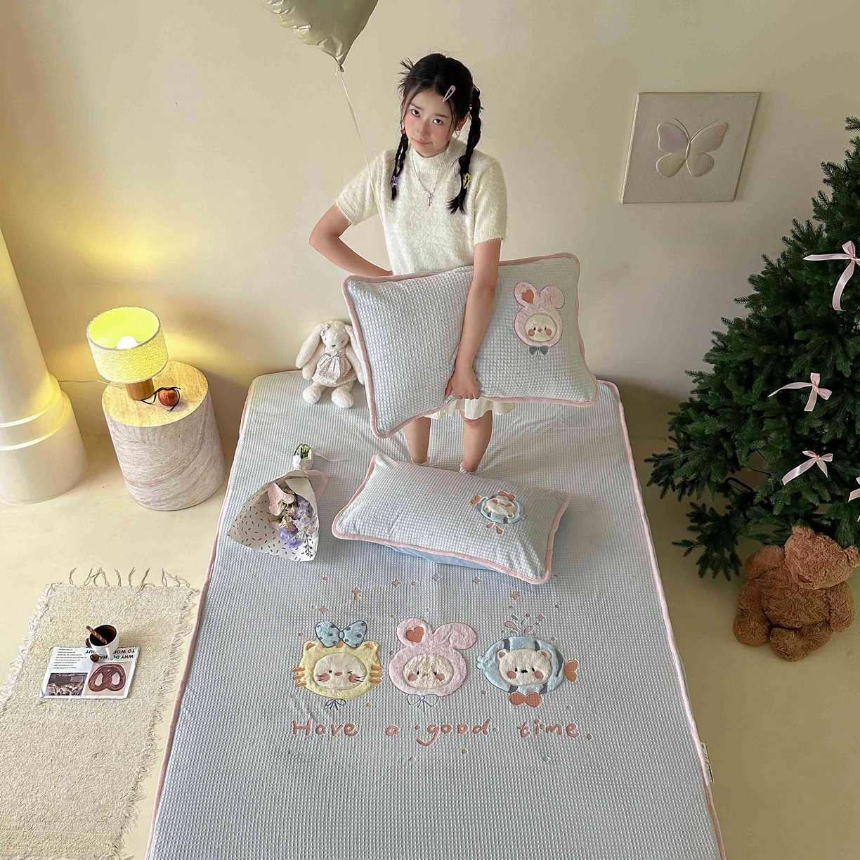 91家纺网 家纺一手货源 找家纺 Sweet dreams甜梦 2025新款华夫格绒兔毛贴布床笠三件套 小动物蓝