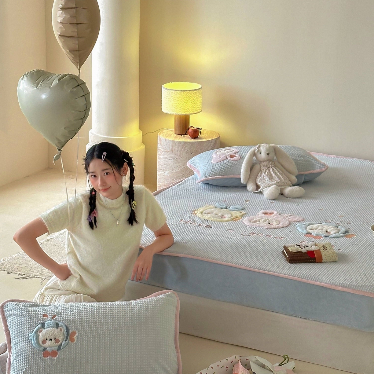 91家纺网 家纺一手货源 找家纺 Sweet dreams甜梦 2025新款华夫格绒兔毛贴布床笠三件套 小动物蓝