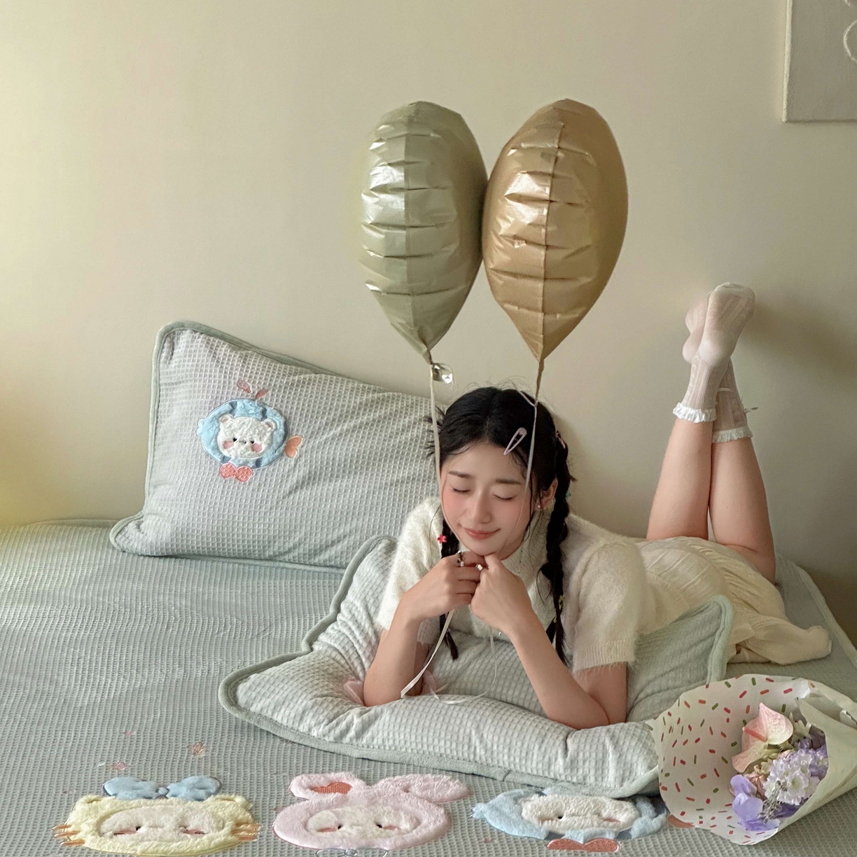 91家纺网 家纺一手货源 找家纺 Sweet dreams甜梦 2025新款华夫格绒兔毛贴布床笠三件套 小动物绿