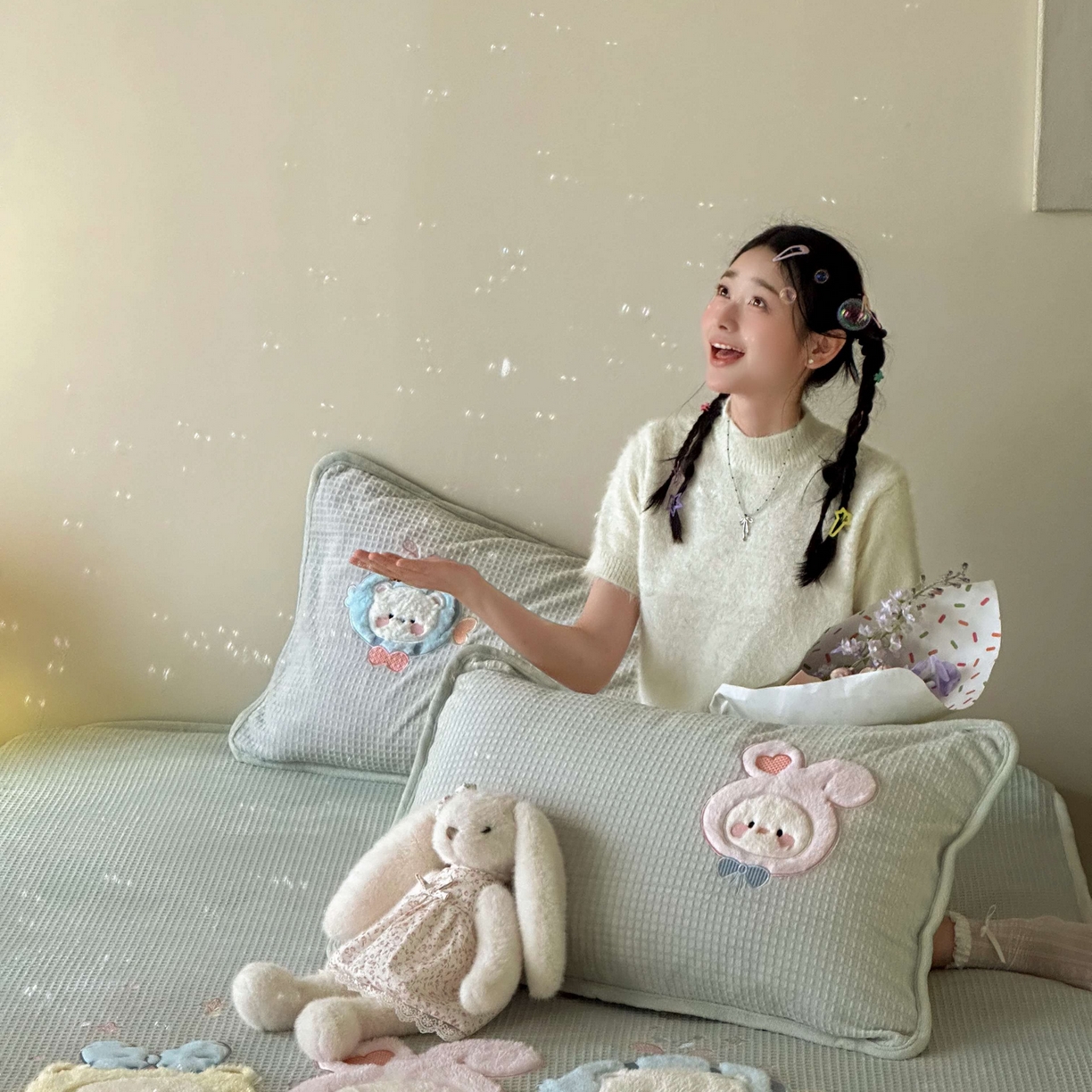 91家纺网 家纺一手货源 找家纺 Sweet dreams甜梦 2025新款华夫格绒兔毛贴布床笠三件套 小动物绿