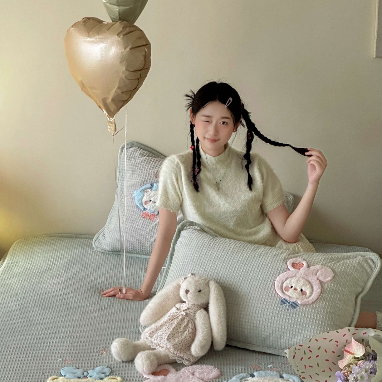 91家纺网 家纺一手货源 找家纺 Sweet dreams甜梦 2025新款华夫格绒兔毛贴布床笠三件套 小动物绿