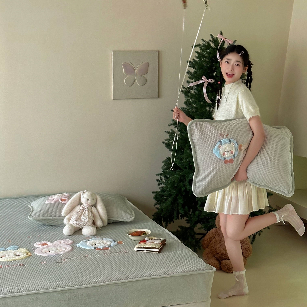 91家纺网 家纺一手货源 找家纺 Sweet dreams甜梦 2025新款华夫格绒兔毛贴布床笠三件套 小动物绿