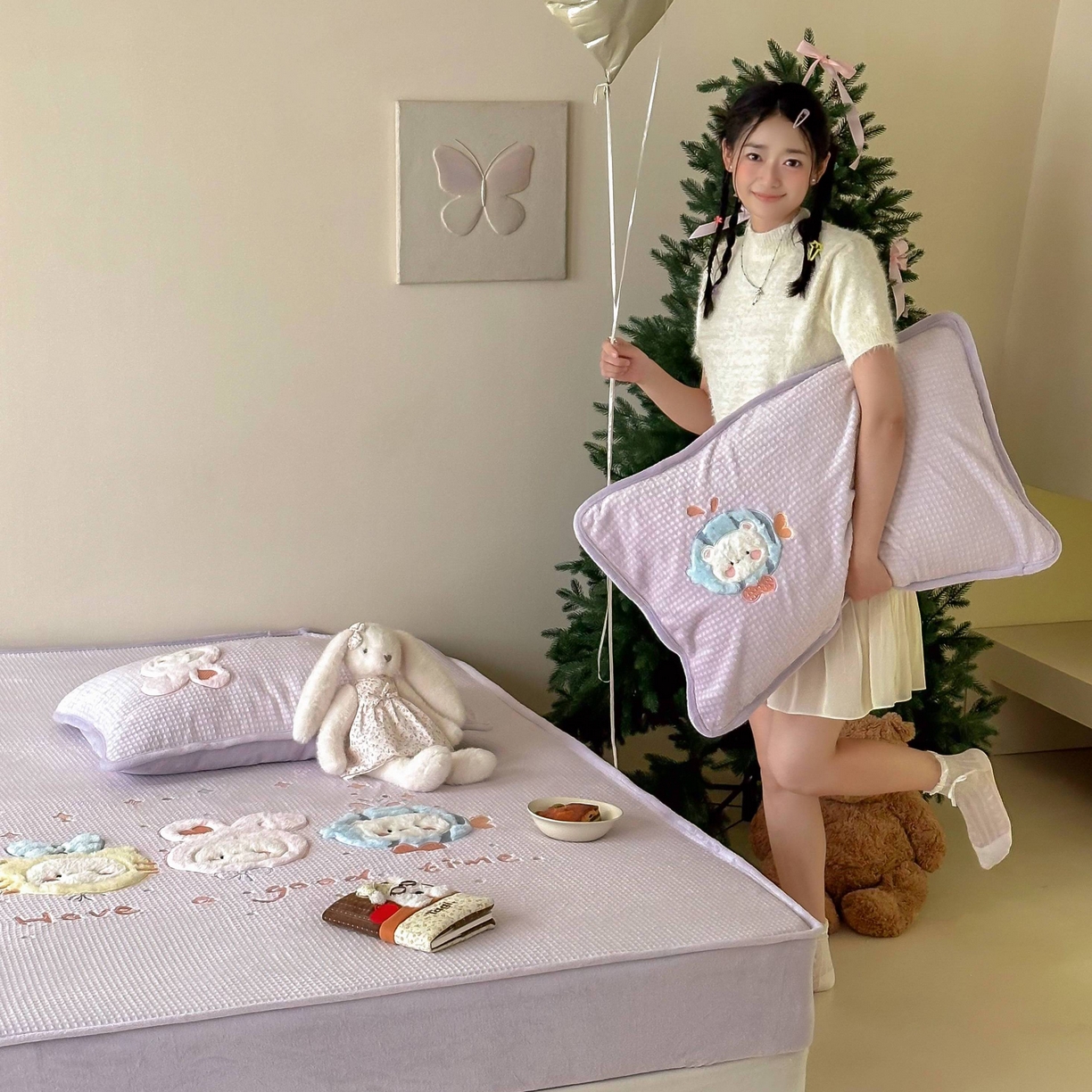 91家纺网 家纺一手货源 找家纺 Sweet dreams甜梦 2025新款华夫格绒兔毛贴布床笠三件套 小动物紫