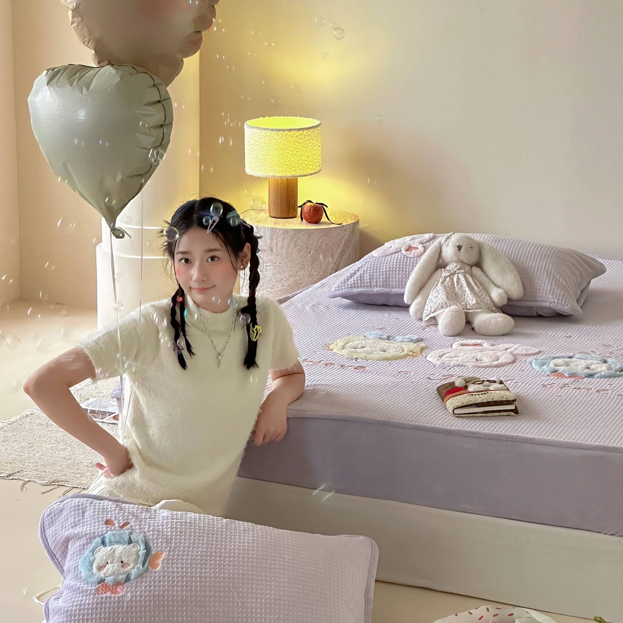 91家纺网 家纺一手货源 找家纺 Sweet dreams甜梦 2025新款华夫格绒兔毛贴布床笠三件套 小动物紫