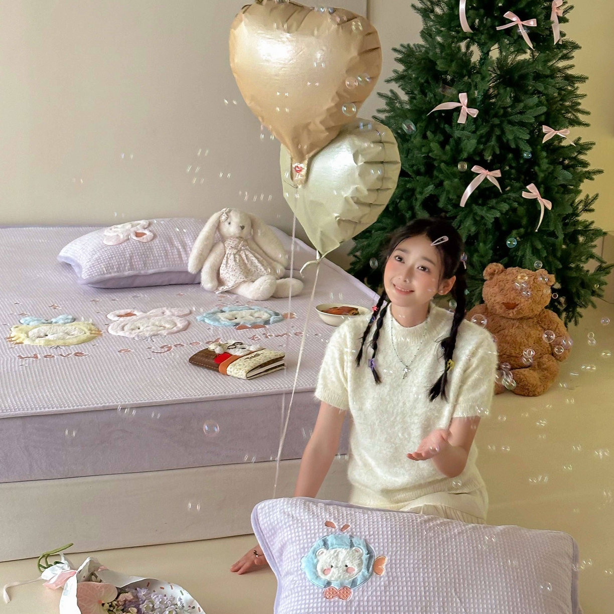 91家纺网 家纺一手货源 找家纺 Sweet dreams甜梦 2025新款华夫格绒兔毛贴布床笠三件套 小动物紫