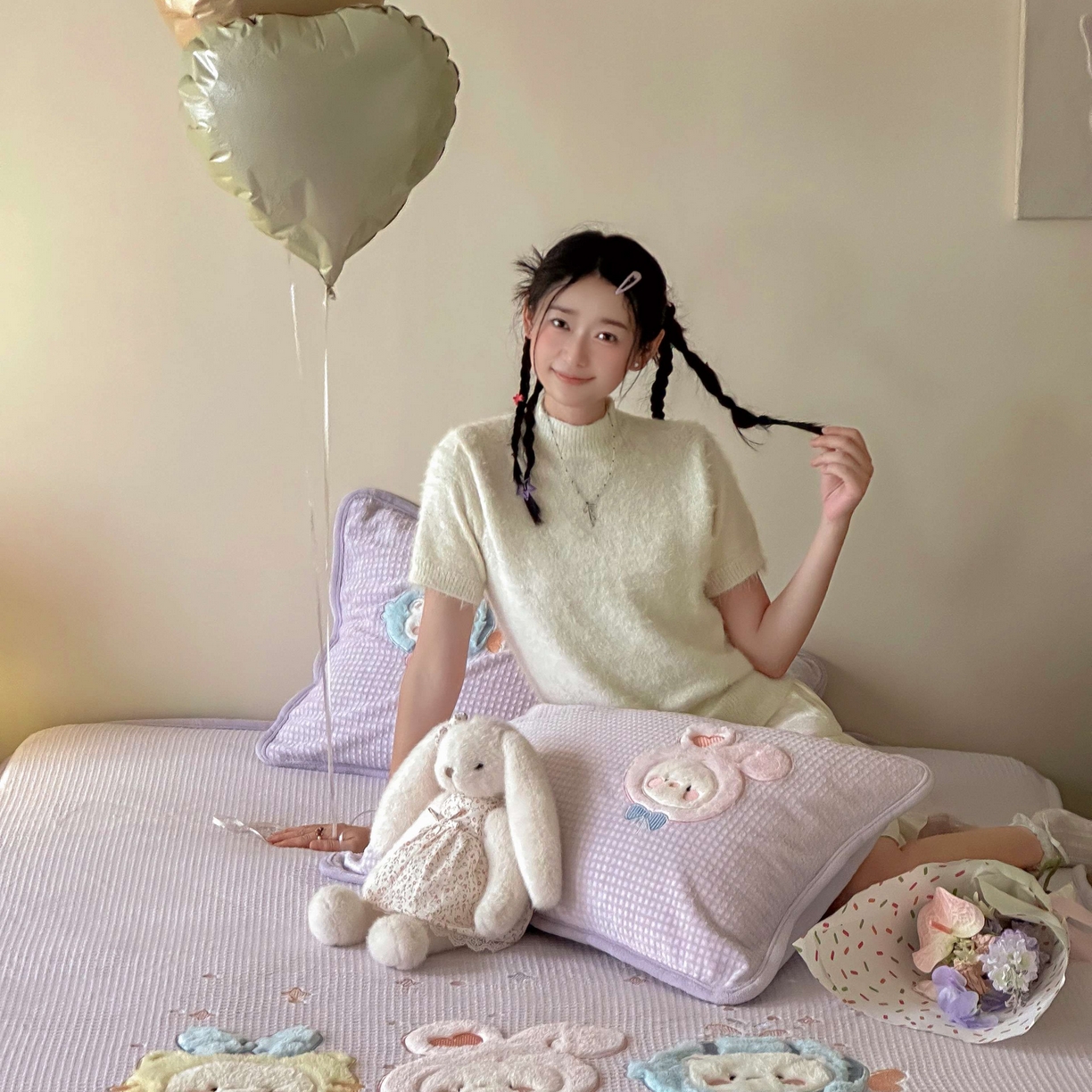 91家纺网 家纺一手货源 找家纺 Sweet dreams甜梦 2025新款华夫格绒兔毛贴布床笠三件套 小动物紫