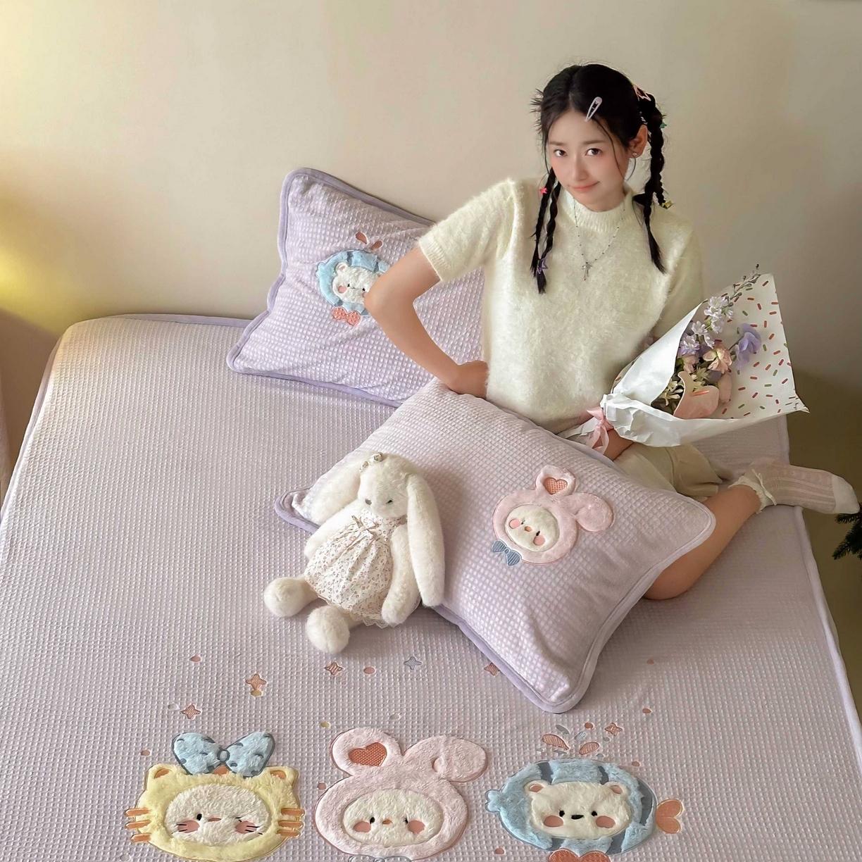 91家纺网 家纺一手货源 找家纺 Sweet dreams甜梦 2025新款华夫格绒兔毛贴布床笠三件套 小动物紫