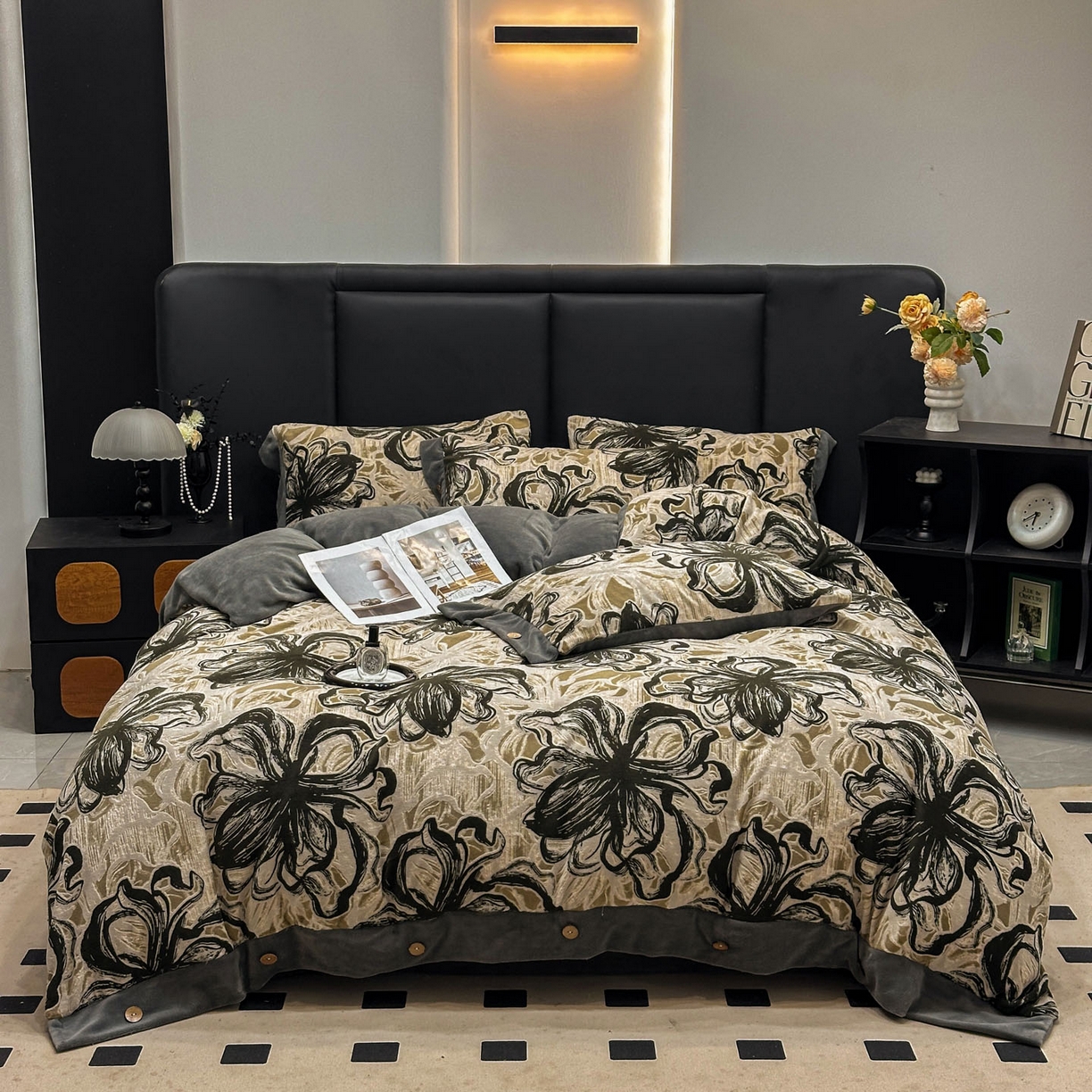 晚爱家纺（原晚安家居） 2025新款宽边纽扣款雕花绒四件套烂花立体雕花牛奶绒 优雅花卉-灰