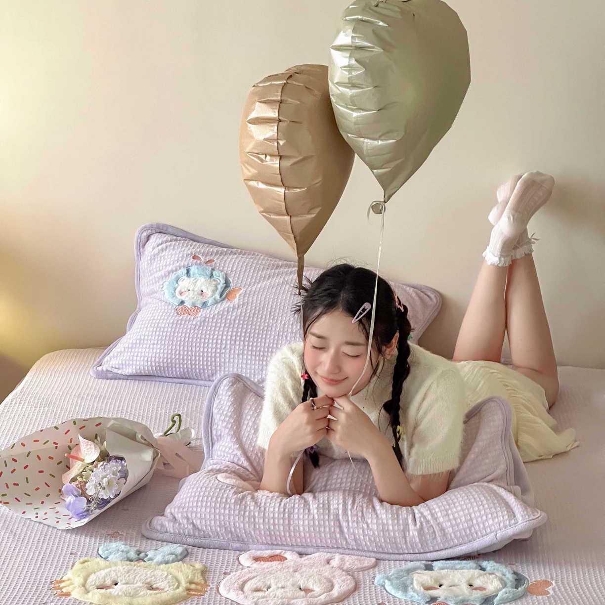 91家纺网 家纺一手货源 找家纺 Sweet dreams甜梦 2025新款华夫格绒兔毛贴布床笠三件套 小动物紫