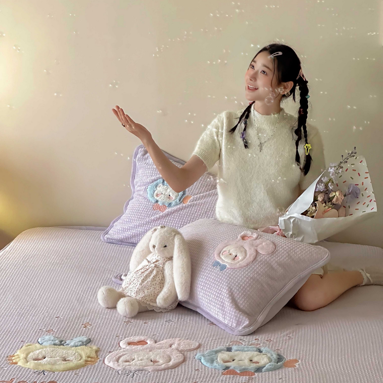 91家纺网 家纺一手货源 找家纺 Sweet dreams甜梦 2025新款华夫格绒兔毛贴布床笠三件套 小动物紫