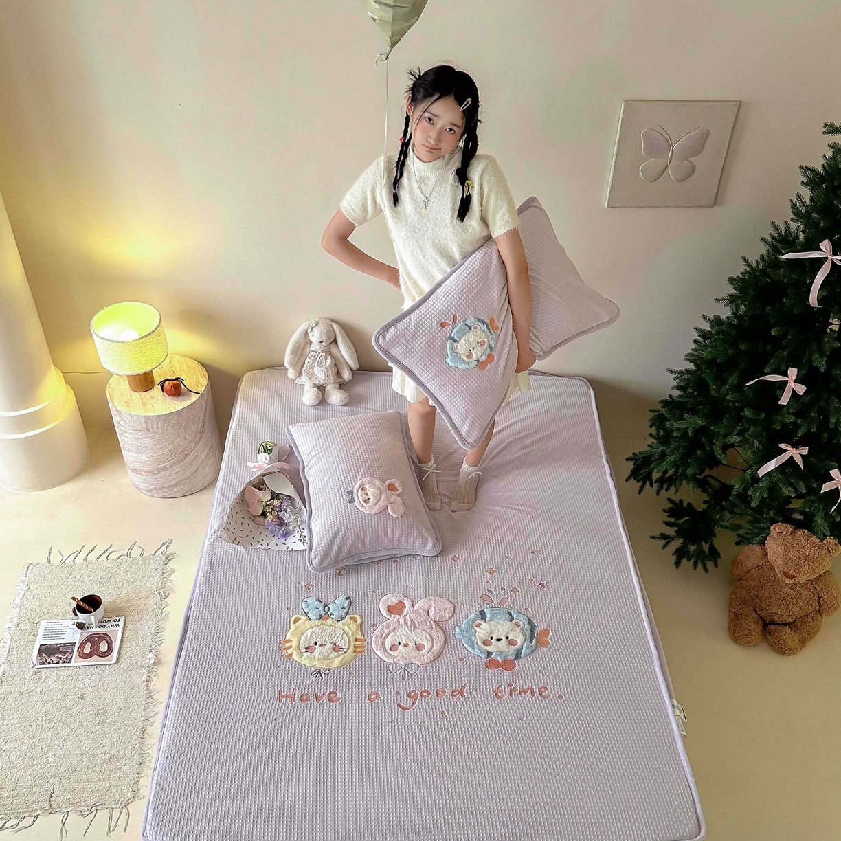 91家纺网 家纺一手货源 找家纺 Sweet dreams甜梦 2025新款华夫格绒兔毛贴布床笠三件套 小动物紫