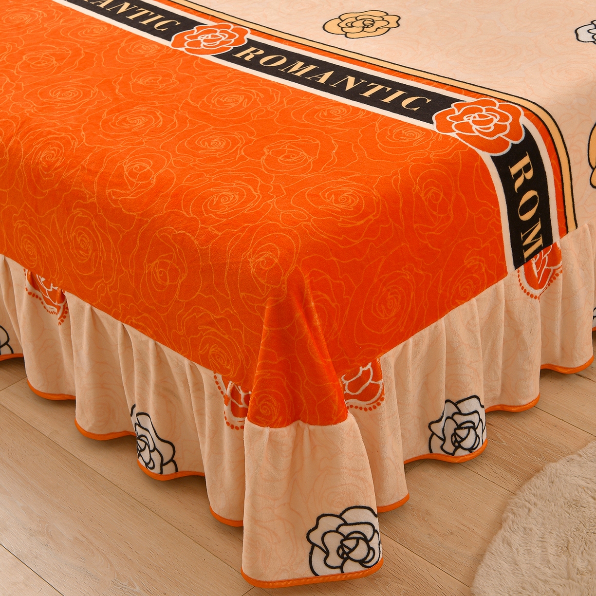 91家纺网 家纺一手货源 找家纺 赛丽雅 2025新款牛奶绒床裙四件套8-9斤法莱绒直播爆款日产2万套 山茶花-橙