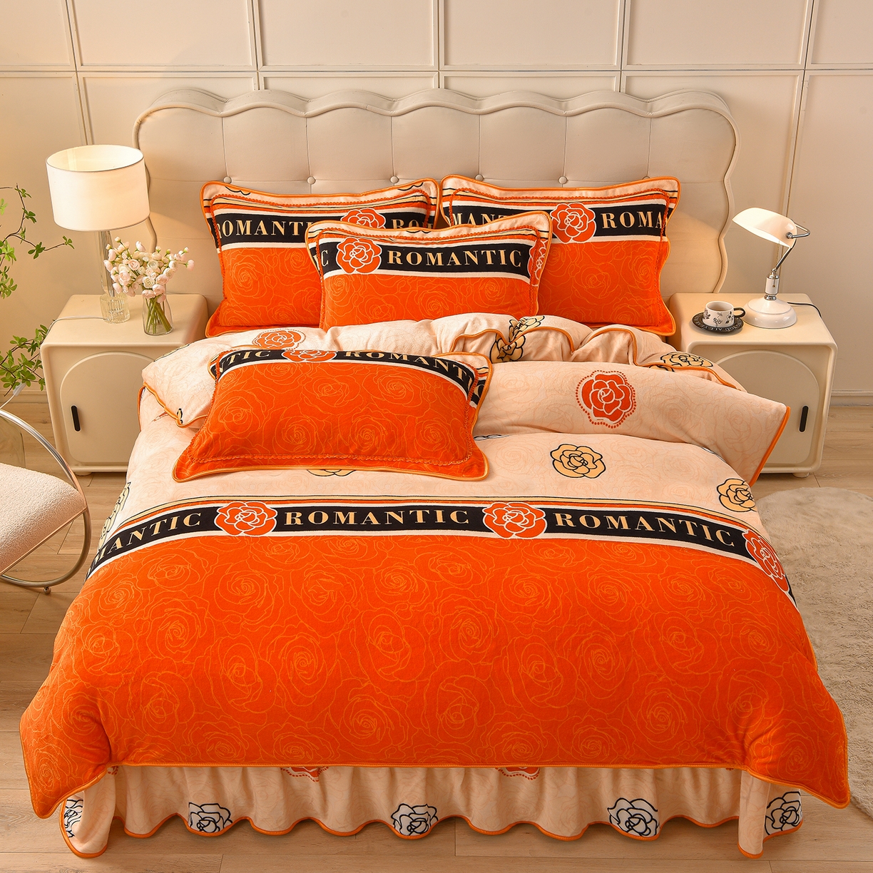 91家纺网 家纺一手货源 找家纺 赛丽雅 2025新款牛奶绒床裙四件套8-9斤法莱绒直播爆款日产2万套 山茶花-橙