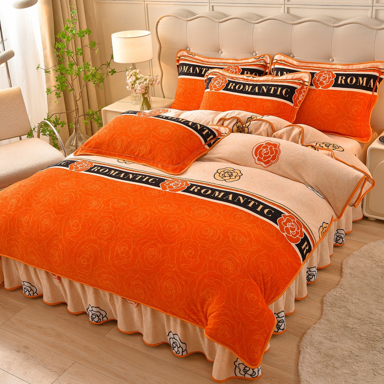 91家纺网 家纺一手货源 找家纺 赛丽雅 2025新款牛奶绒床裙四件套8-9斤法莱绒直播爆款日产2万套 山茶花-橙