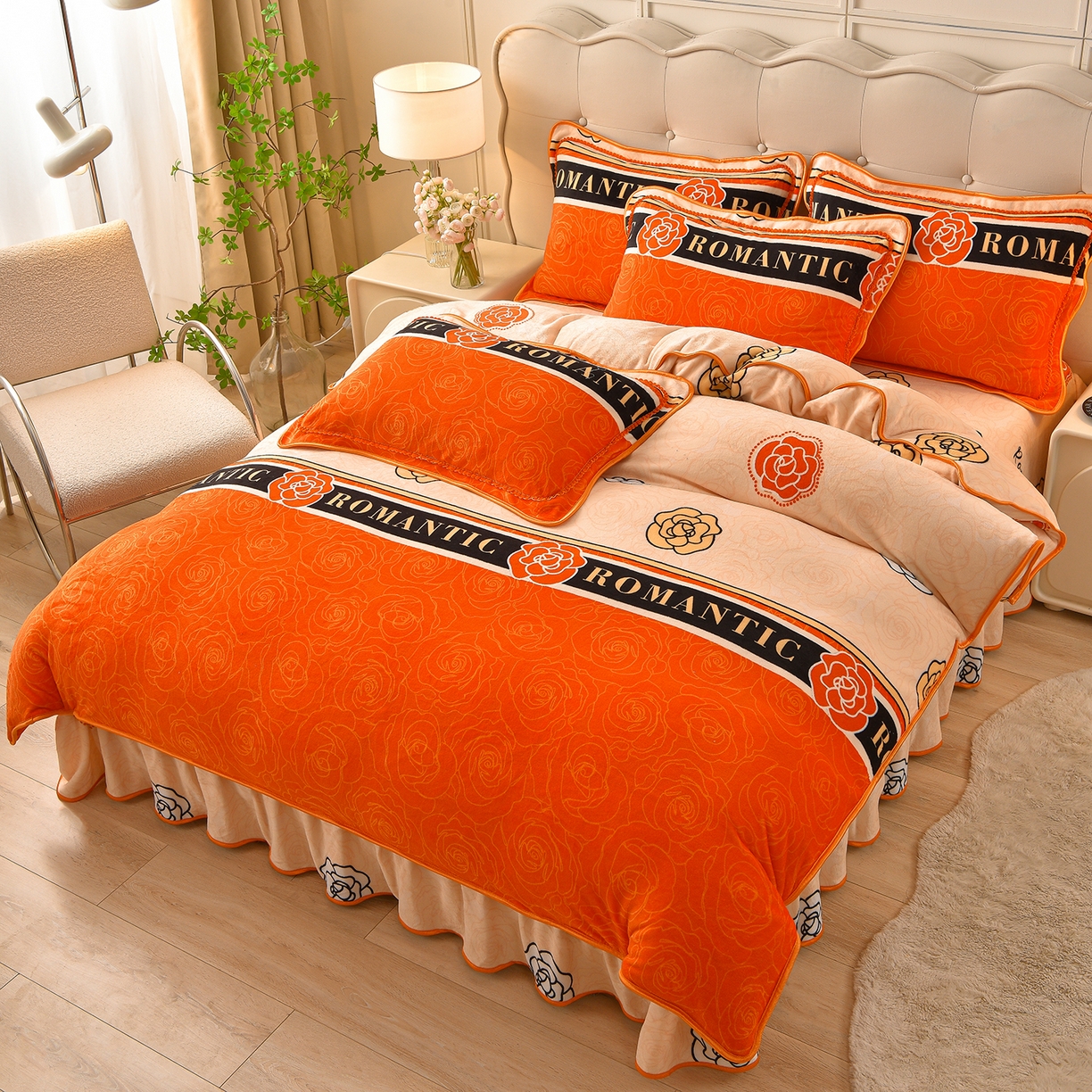 91家纺网 家纺一手货源 找家纺 赛丽雅 2025新款牛奶绒床裙四件套8-9斤法莱绒直播爆款日产2万套 山茶花-橙