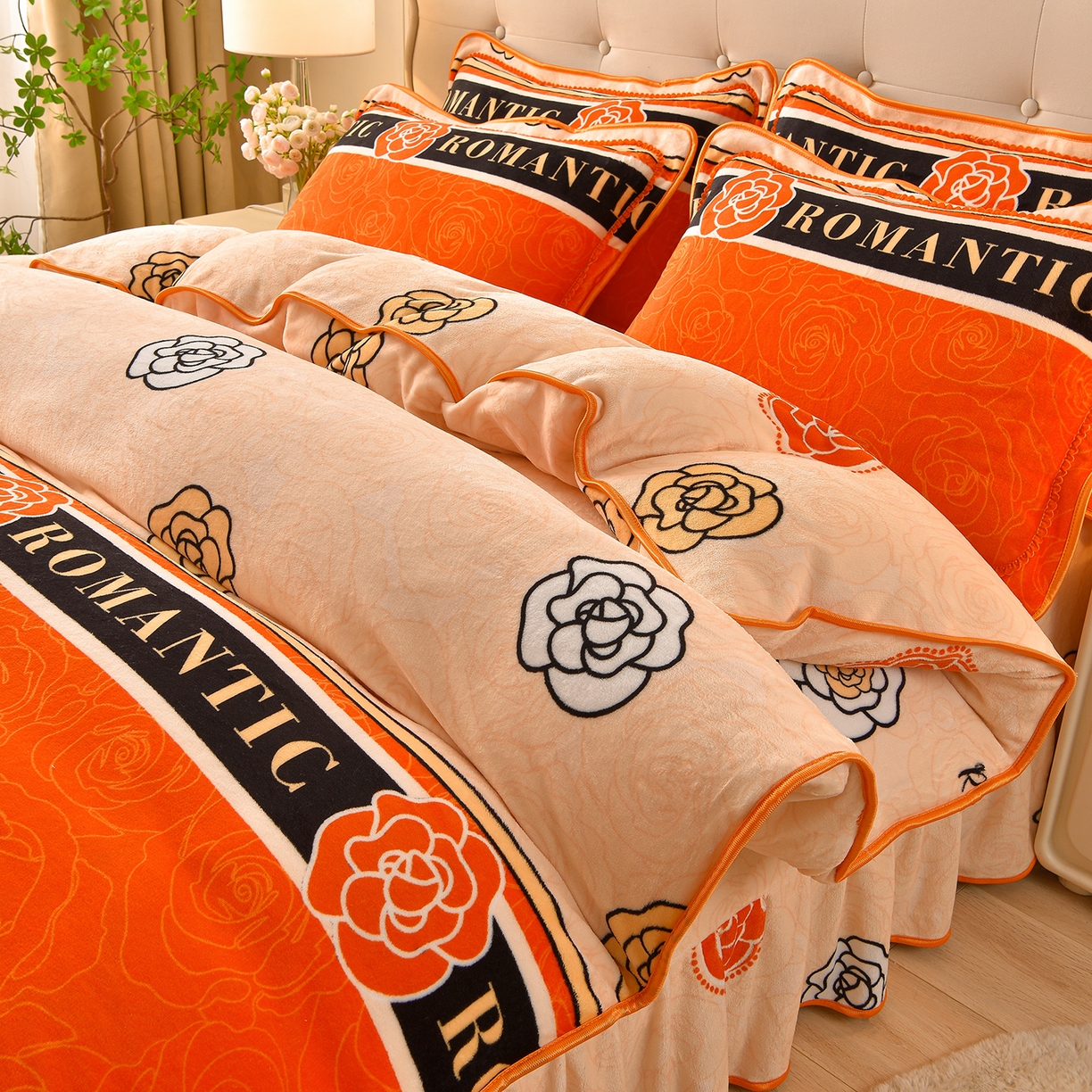 91家纺网 家纺一手货源 找家纺 赛丽雅 2025新款牛奶绒床裙四件套8-9斤法莱绒直播爆款日产2万套 山茶花-橙