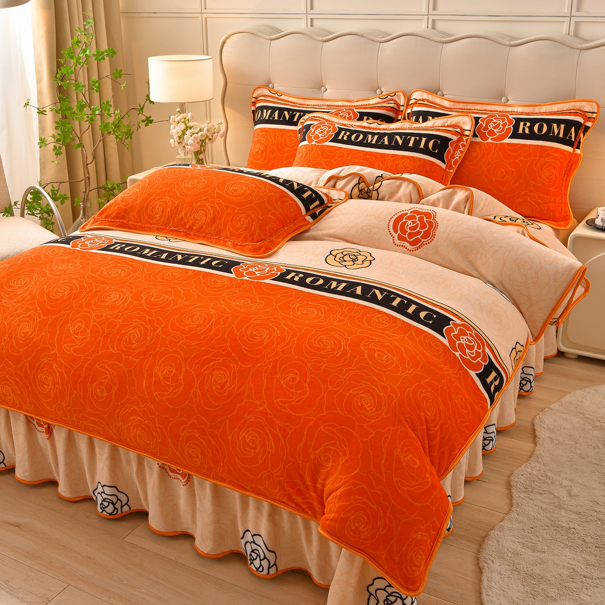 91家纺网 家纺一手货源 找家纺 赛丽雅 2025新款牛奶绒床裙四件套8-9斤法莱绒直播爆款日产2万套 山茶花-橙