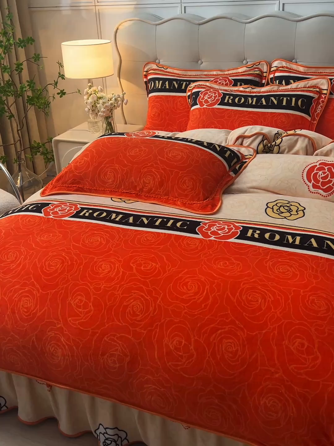 91家纺网 家纺一手货源 找家纺 赛丽雅 2025新款牛奶绒床裙四件套8-9斤法莱绒直播爆款日产2万套 山茶花-橙