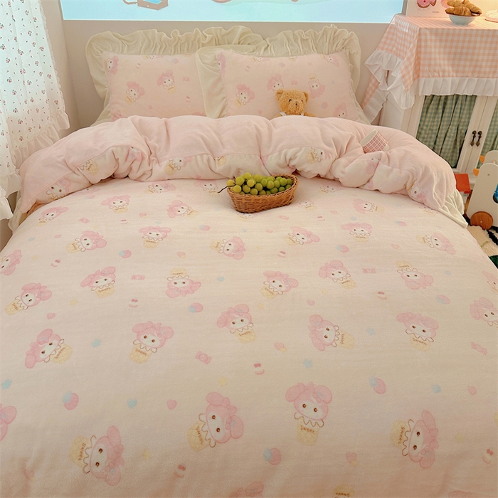 91家纺网 家纺一手货源 找家纺 繁花家居 2025软糯高克重牛奶绒花边款四件套 糯叽小喵