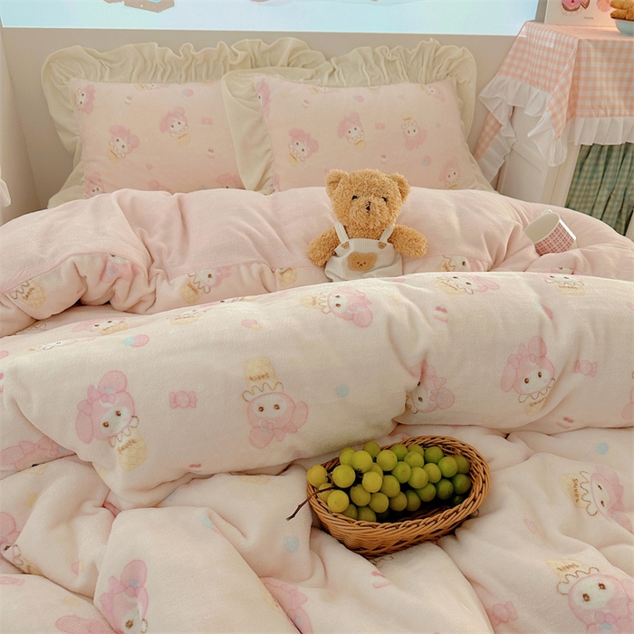 91家纺网 家纺一手货源 找家纺 繁花家居 2025软糯高克重牛奶绒花边款四件套 糯叽小喵