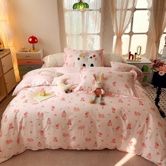 莱豫家纺 2025新款亲肤舒适小清新印花全棉四件套第六批 红粉小熊