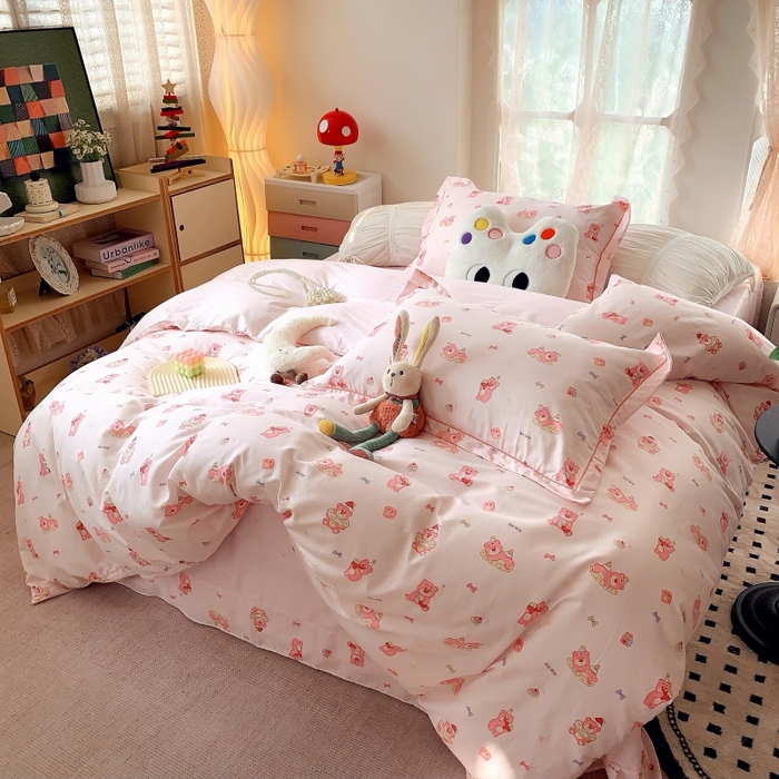 91家纺网 家纺一手货源 找家纺 莱豫家纺 2025新款亲肤舒适小清新印花全棉四件套第六批 红粉小熊