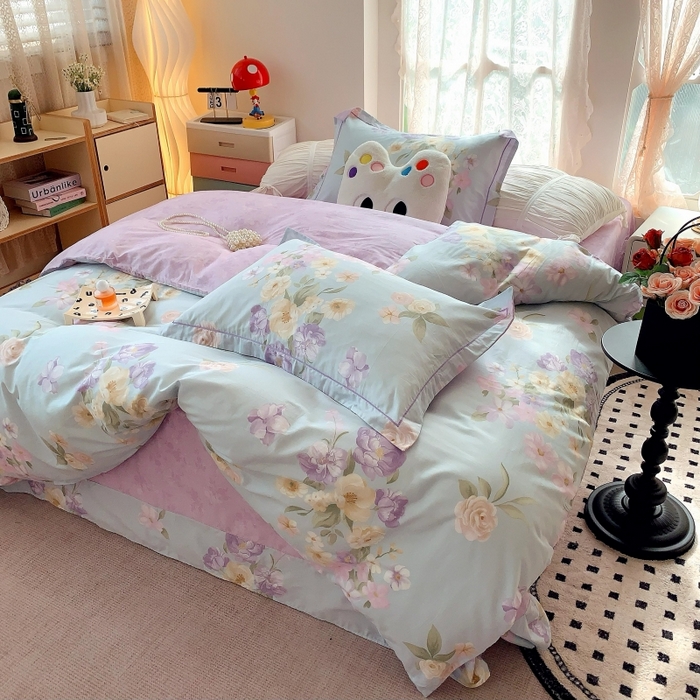 91家纺网 家纺一手货源 找家纺 莱豫家纺 2025新款亲肤舒适小清新印花全棉四件套第六批 花仙紫