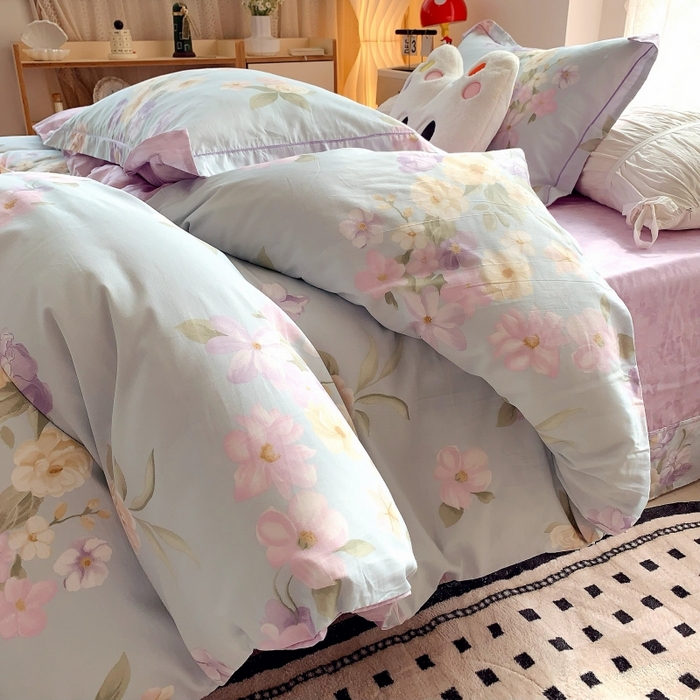 91家纺网 家纺一手货源 找家纺 莱豫家纺 2025新款亲肤舒适小清新印花全棉四件套第六批 花仙紫