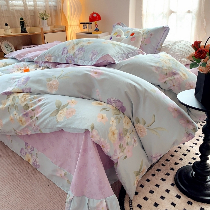 91家纺网 家纺一手货源 找家纺 莱豫家纺 2025新款亲肤舒适小清新印花全棉四件套第六批 花仙紫