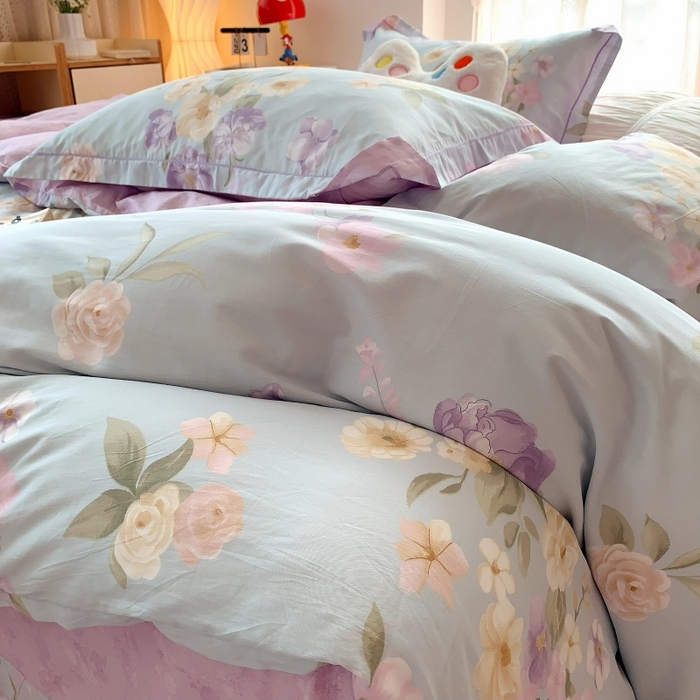 91家纺网 家纺一手货源 找家纺 莱豫家纺 2025新款亲肤舒适小清新印花全棉四件套第六批 花仙紫