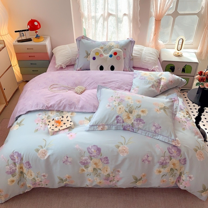 91家纺网 家纺一手货源 找家纺 莱豫家纺 2025新款亲肤舒适小清新印花全棉四件套第六批 花仙紫