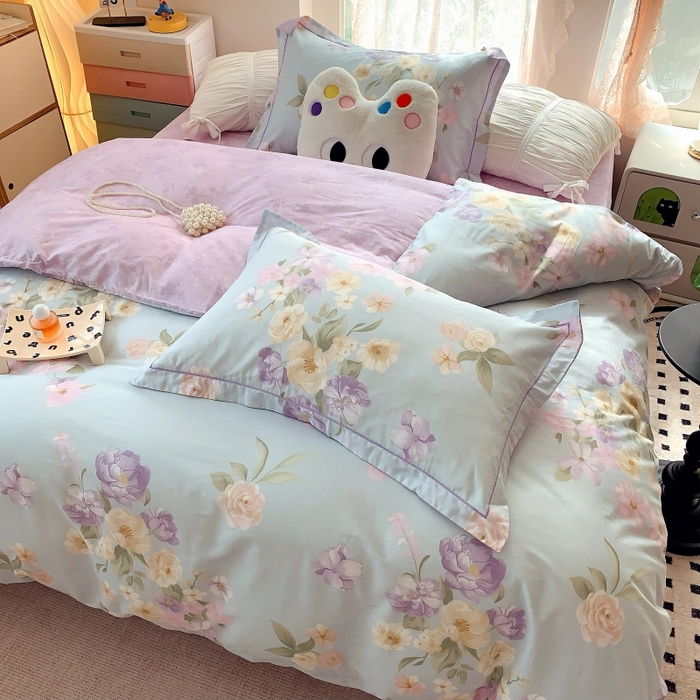 91家纺网 家纺一手货源 找家纺 莱豫家纺 2025新款亲肤舒适小清新印花全棉四件套第六批 花仙紫